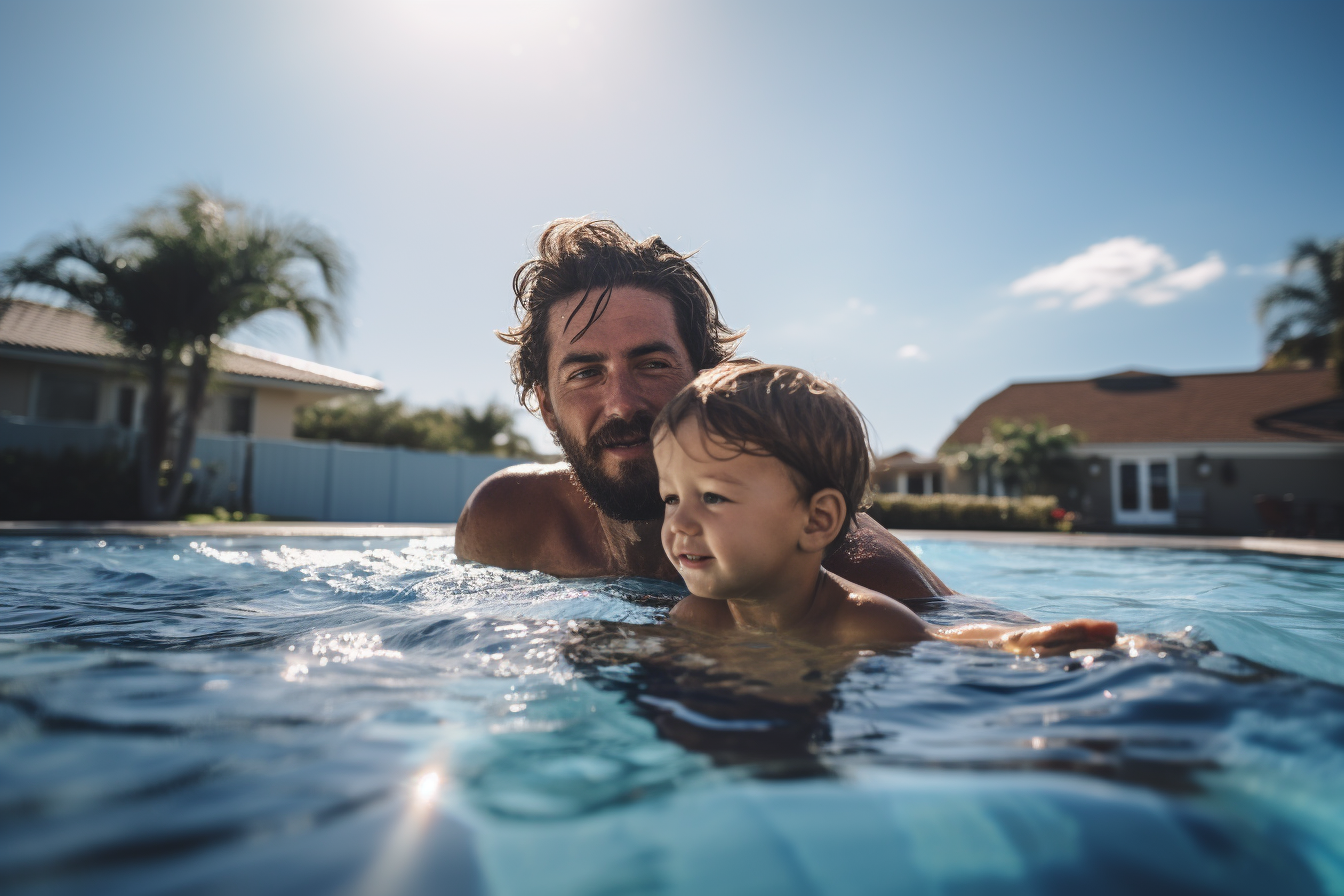 father keeping his son safe while swimming